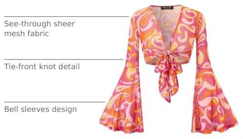 Image of Women Tie Front Bell Sleeve Rave Crop Tops Floral Print Hippie Mesh Sheer Shirt