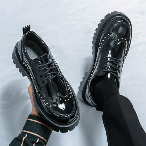 Men's Patent Leather Platform Wingtip Oxford Shoes with Rivets Round Toe Lace Up Lug Sole Brogue Dress Shoes Comfortable Business Work Causal Derby Oxfords3