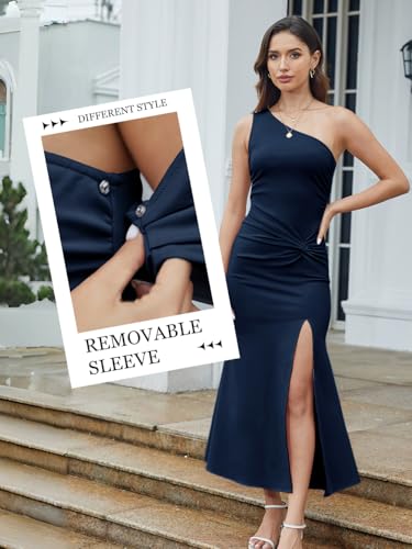 Image of Women One Shoulder Dress Sleeveless Elegant Split Bodycon Mermaid Ruched Wedding Guest Cocktail Evening Long Dresses