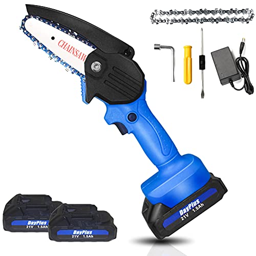 Mini motosierra sin cable, pequeña motosierra con una sola mano con botón de seguridad de doble protección y deflector ajustable, motosierra eléctrica de mano de 4 pulgadas con 2 baterías Cover