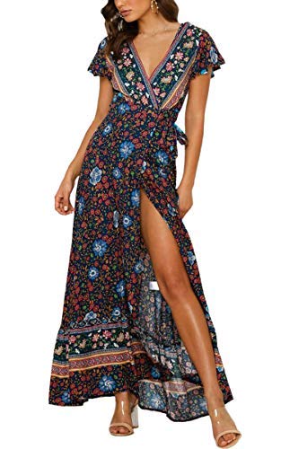 ECOWISH - Robe longue de plage à manches courtes, drapée, taille haute, style ethnique bohème à col en V - - Medium Cover