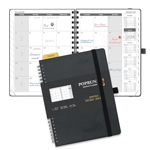 POPRUN 2023 2024 Monthly Planner 22 x 16.5 cm, School Agenda 18 Months of Jul.23 - Dec.24, Spiral Planner with Softcover in Vegan Leather and FSC® Paper - Black