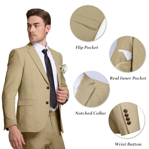 Image of Men's Linen Suit 2 Piece Slim Fit Summer Beach Wedding Prom Party | Breathable,Linen Blazer Suit Set,for Beach Weddings,Groom Wear,Prom and Outdoor Parties,Business Casual,Vacation Daily Wear