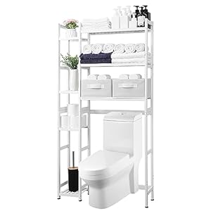 Homde Over The Toilet Storage with Basket and Drawer, Bamboo Bathroom Organizer with Adjustable Shelf & Waterproof Feet Pad, Space Saver Storage Rack for Bathroom, Restroom, Laundry,White