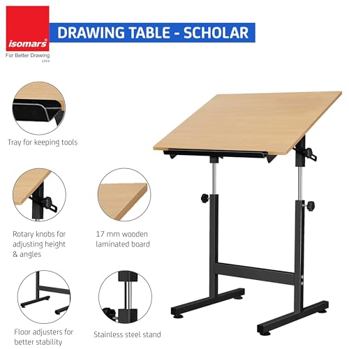 Image of Isomars Drawing & Drafting Table - Scholar - A1 (Full Imperial) Drafting Board Stand with Adjustable Height and Angles, Ideal for Architects, Engineers, Designers & Artists Students and Professionals