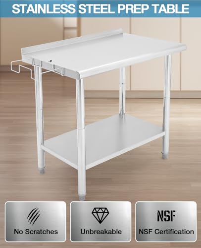 NSF Stainless Steel Table, 36" x 24" Work Table with Adjustable Undershelf, Detachable Trash Bag Holder, Metal Work Table Workbench for Home Kitchen Restaurant Outdoor