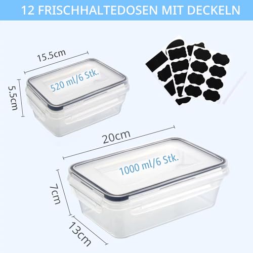 Goldeluxe 12 Frischhaltedosen mit Deckel, Gefrierdosen, meal prep boxen, 6 x 1L/0.52L, BPA-frei,luftdicht, mikrowellengeeignet, spülmaschinenfest, für Lagerung & Transport von Essen, Obst, Gemüse 2