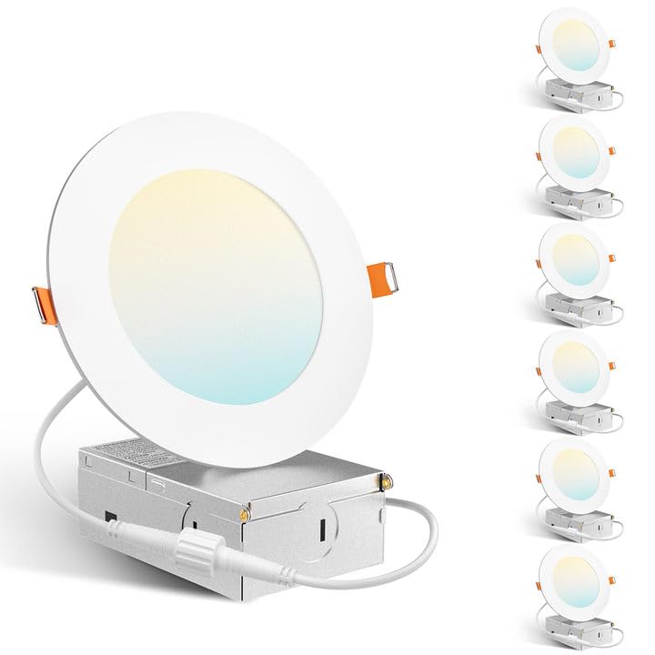 Amico 6 Pack 4 Inch 5CCT Ultra-Thin LED Recessed Dimmable Ceiling Light with Junction Box, 2700K/3000K/3500K/4000K/5000K Selectable, 10W Eqv 60W, 800