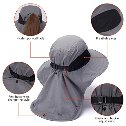 Image of BASSDASH UPF 50+ Unisex Water Resistant Wide Brim Sun Hat with Large Neck Flap Ponytail Fishing Hat for Men Women