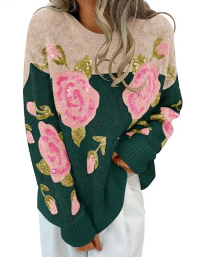 ZESICA Women's Floral Oversized Sweaters 2025 Fall Crewneck Long Sleeve Casual Chunky Knit Pullover Sweater Tops