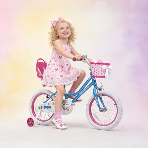 Image of WinHope Girls Bike, 12-18 Inch Children's Bicycle for 2-9 Years Old, Beginner Kids Bike with Training Wheels, Doll Seat & Basket,Streamers for Outdoor Riding, Multiple Colors