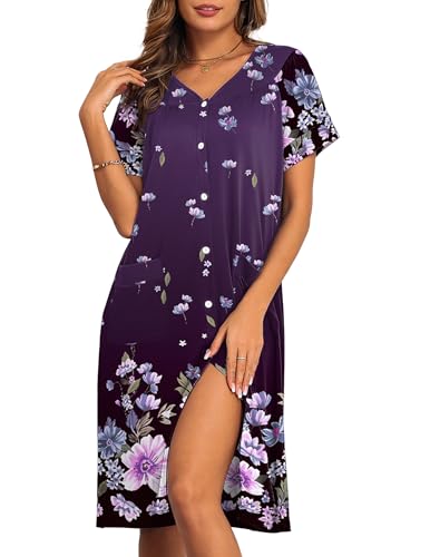 Image of Ekouaer House Dresses for Women with Pockets Button Down Nightgowns Plus Size Moo Moos Mumu Dresses Floral Print S-3XL