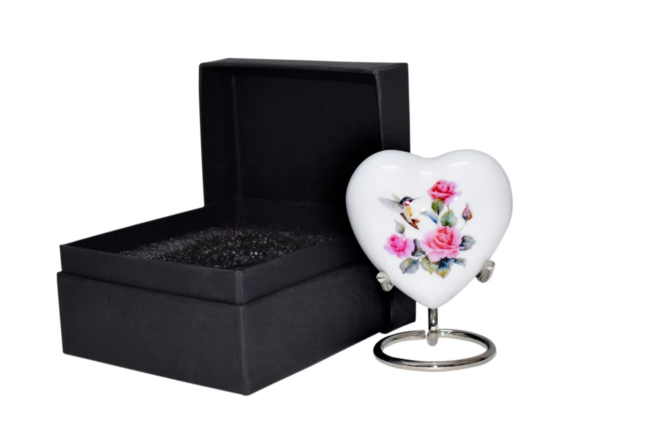 Bold & Divine Hummingbird Heart Urn - Mini Heart Cremation Urn with Stand & Premium Box - Small Keepsake Urn for Ashes - Honor Your Loved One with Urn Heart Shaped - Perfect for Adults & Infants
