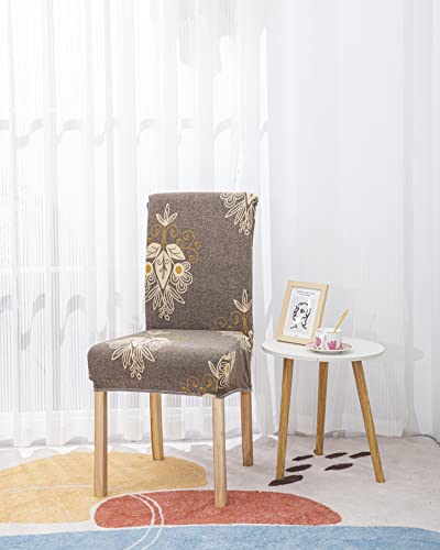 Image of House of Quirk Elastic Chair Cover Stretch Removable Washable Short Dining Chair Cover Protector Seat Slipcover (Pack 4, Beige Brocade), Polyester