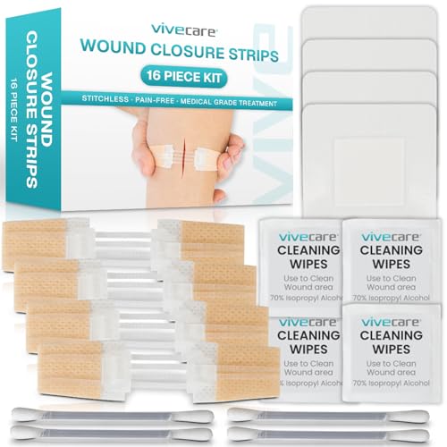 Image of ViveCare Emergency Laceration Closures (4 PCS) - Close Wounds Without | Stitches - Butterfly Bandages Wound Closure Kit with Sterile Strips, Island Dressings, Alcohol Wipes & Swabs