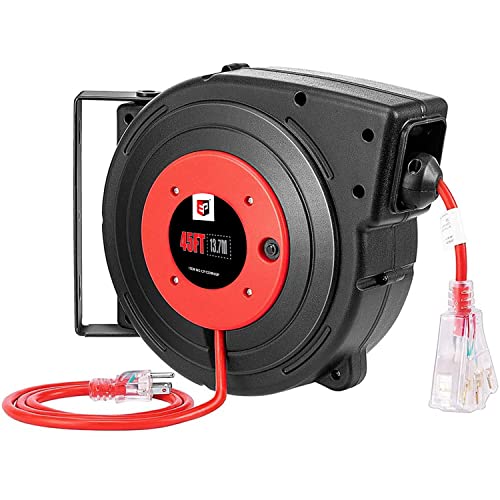 EP Retractable Extension Cord Reel, 45 Ft Heavy Duty Power Cord, 12 AWG