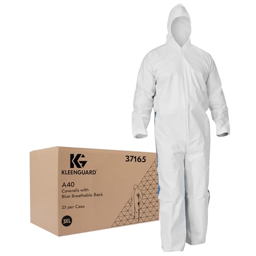 Kleenguard A40 Liquid & Particle Protection Coveralls (37165) with Blue Breathable Back, Zipper Front, Hood, EWA, White, 3XL, 25 / Case