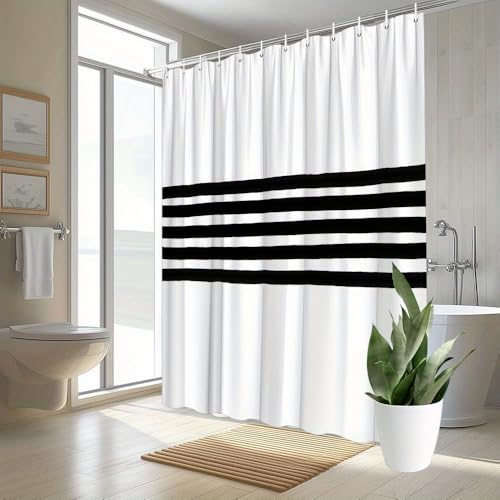 Rideau de douche imperméable à rayures noires et blanches en polyester anti-moisissure - 2