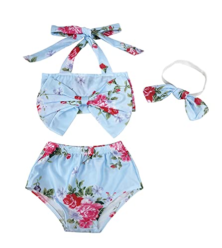 stylesilove Baby Toddler Girls Floral Print Bowknot Bikini Swimsuit and Headband 3pcs Blue Bathing Suit Beach Swimwear (6-12 Months)