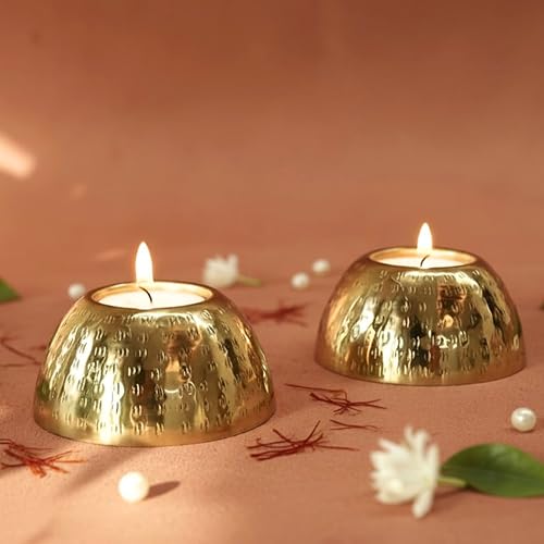 Image of BEHOMA Pebble Bowl Metal Tealight Candle Holders Set | Gold Hammered Decorative Tealight Holder for Home Decor | Luxury Table Accent Romantic Ambient Lighting | Candle Set (8.5 cm, Pack of 2)