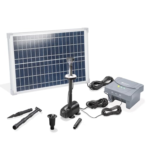 esotec Bomba solar para estanque con filtro de 25/700 LED para exterior, set de bomba de aspersión de 700 l/h, batería LiFePo4, módulo solar de 25 W, fuente solar para estanque de jardín, bomba de
