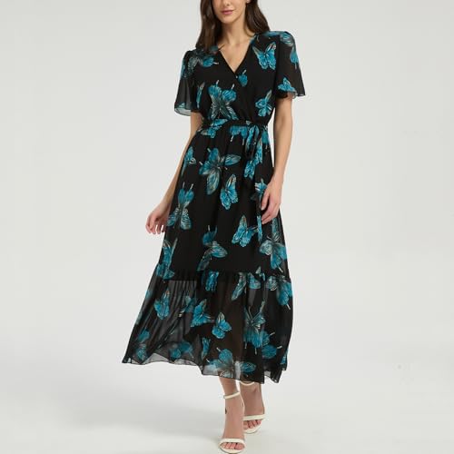 Image of Women's Summer Bohemian Floral Chiffon Dress Cap Sleeve V Neck Ruffle Long Flowy Boho Casual Vacation Dresses