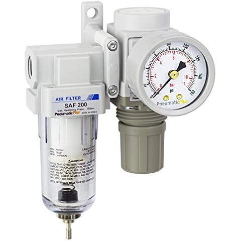PneumaticPlus SAU220-02G Mini Compressed Air Filter Regulator Combo 1/4" BSPT - Poly Bowl, Manual Drain, Bracket, Gauge Cover