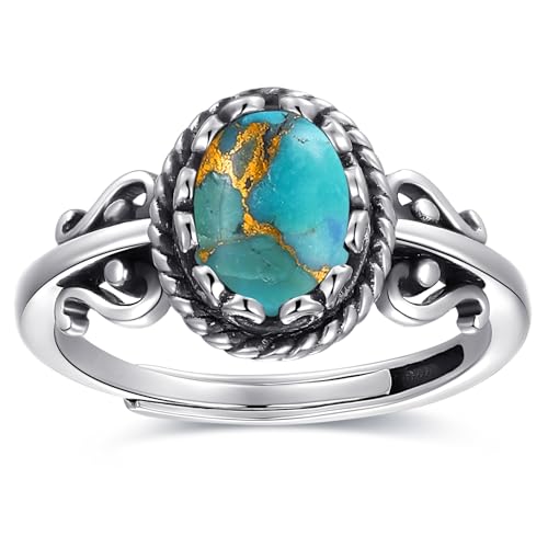Turquoise/Opal Rings for Women, Vintage Sterling Silver Adjustable, Engagement Promise Anniversary Rings for Her, Size 6-9