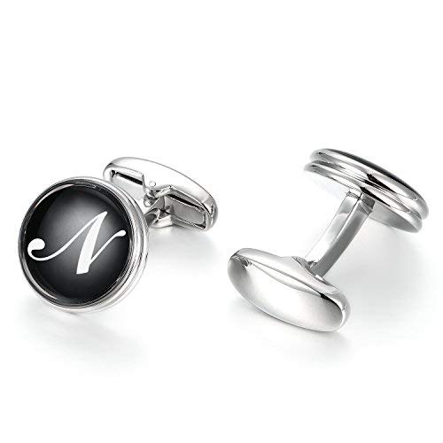 MERIT OCEAN Initial Cuff Links Mens Silver Round Letter Alphabet Rhodium Plated Cufflinks for Men Suit Shirt Wedding Business A-Z