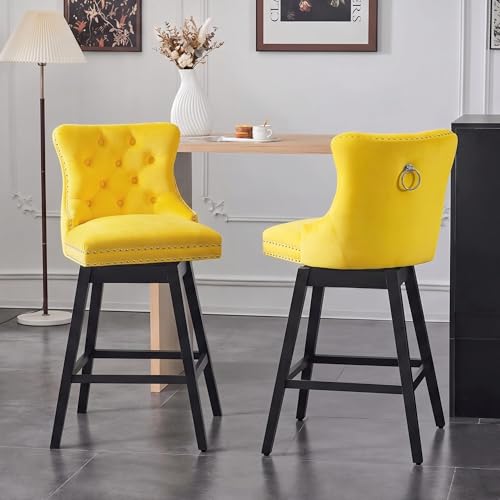 Image of Yellow Swivel Bar Stools, Velvet Counter Height Bar Stool Set of 2 | 360 Swivel Bar Chairs, Solid Wood Legs, Upholstered Kitchen Island Stools, Modern Extra Wide Seat (Yellow, 26 inch H, 2 Pack)