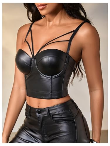 OYOANGLE Women's Pu Leather Cut Out Camisoles Strappy V Neck Backless Fitted Cami Crop Tops3