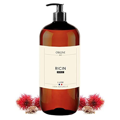 Origine Bio - Huile de Ricin 1l, Pressée à froid, Pure et 100% Naturel Huile Pousse des cheveux, barbe, cils, sourcils, ongles, peau - Bouteille Flacon Pompe - 1 litre