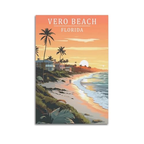 Vero – Impression sur toile vintage sur toile de plage, Floride, voyage, salon, chambre à...