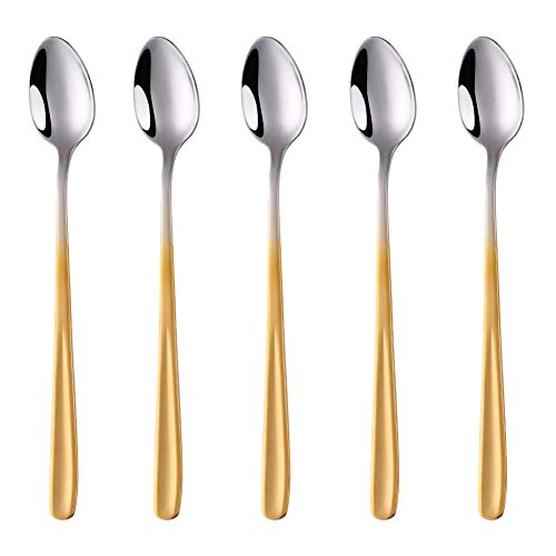 Buyit パフェスプーン ロングスプーン かき氷スプーン 5本組 20cm オシャレ 18-10ステンレス製 鏡面仕上げ 食洗機対応 4色選択可能 (シルバー/ゴールド)