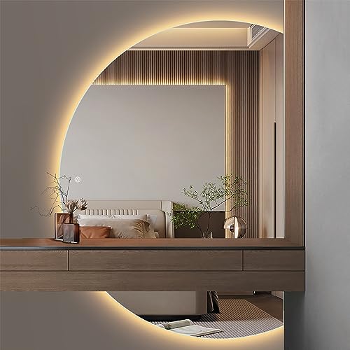 Espejo de medio círculo montado en la pared para baño moderno con función antiempañamiento, luz LED regulable para el tocador de la sala de estar - 3 colores de luz, interruptor táctil - Espejo de