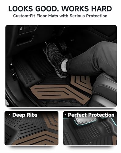 Image of Premium Color TPE Floor Mats Custom Fit for Honda CR-V 2017-2022 (Gasoline & Hybrid CRV), Saddle Brown Wing Design | All-Weather Heavy Duty Car Floor Liners Full Set 1st & 2nd Row