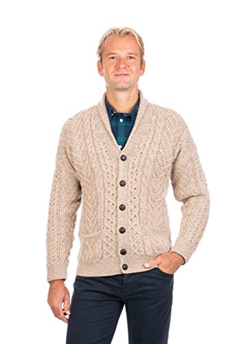 SAOL 100% Merino Wool Mens Shawl Collar Cardigan Sweater