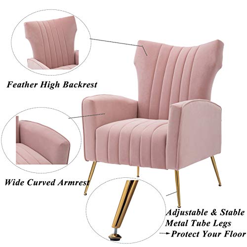 Artechworks Curved Tufted Accent Chair With Metal Gold Legs Velvet Upholstered Arm Club Leisure Modern Chair For Living Room Bedroom Patio, Pink #TOP3