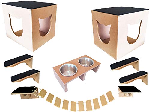 Play Kit Nicho de Gato MDF Crú Com Comedouro Degraus Ponte Toca