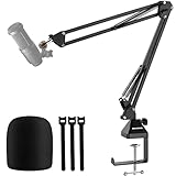 AT2020 Mic Boom Arm Stand with Foam Windscreen, BILIONE Microphone Stand with Heavy-duty Desk Mount...