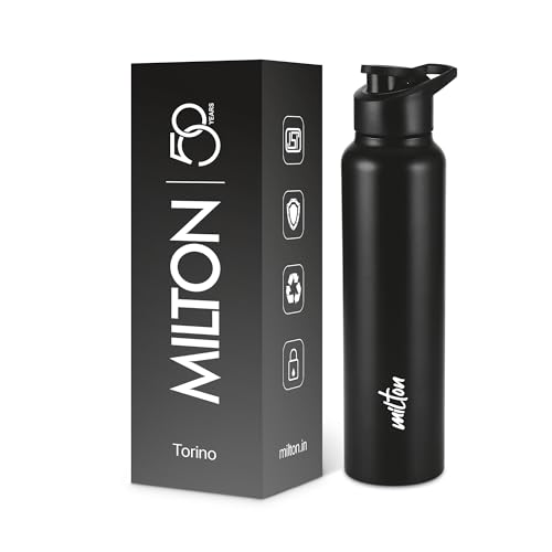 Image of MILTON Torino 1000 Stainless Steel Water Bottle, Leakproof Lid, Single Walled, ISI Certified I For School, Office, Gym I 980 ml, Black