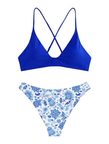 Image of ZAFUL Women's Tie Back Padded High Cut Bralette Bikini Set Two Piece Swimsuit