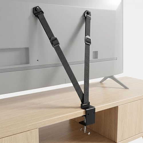 TV Safety Straps for TVs with VESA Holes No-Drill Desk C-Clamp or Wall Anchor Adjustable TV Anti Tip Straps for Flat Screen TVs Fits Desktops up to 55mm Thick Hardware Included