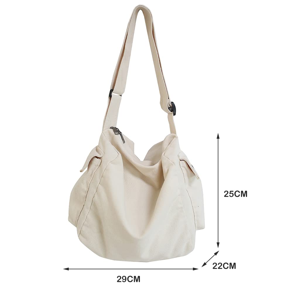 Borsa a Tracolla in Tela, Grande, Hobo Bag, Borsa a Tracolla con Tasche Multiple, Borsa a Tracolla in Tela (Bianca)