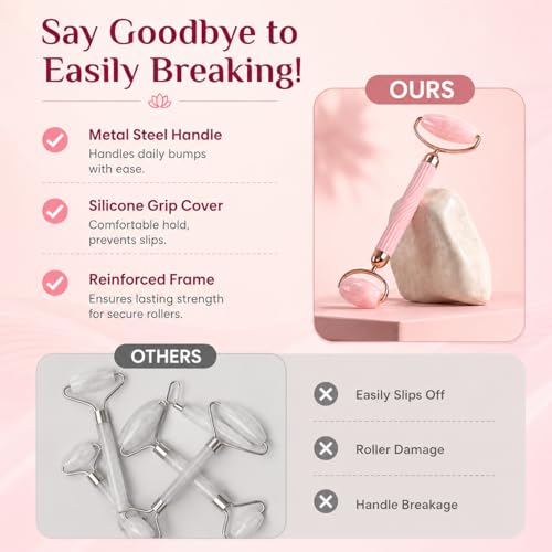 Image of Advance Rose Quartz Gua Sha and Face Roller Set Anti-Breakage for Long-Lasting Use, Jawline Sculpting and Puffiness Reducing, GuaSha Facial Tools for Self Care Pink