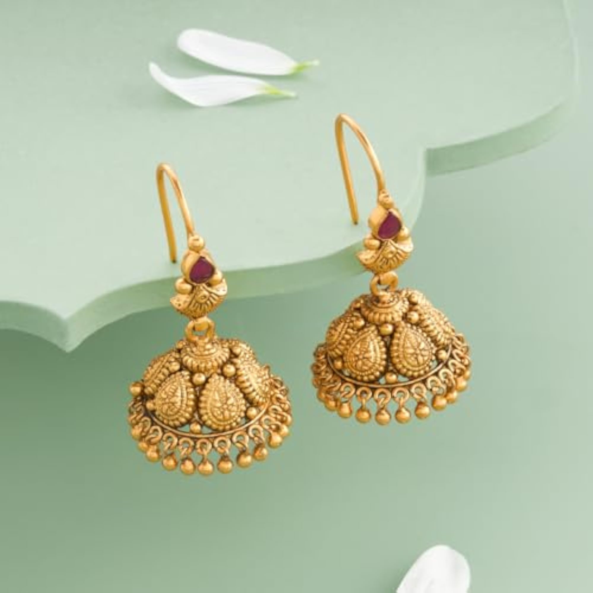 Women's Ruby Oxidised Gold Plated Temple Jhumka Earring Set