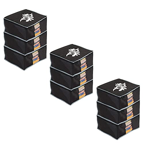Image of PrettyKrafts Large Saree Cover With Creative Prints, Wardrobe Organiser, Clothes Cover & Storage, Zip Closure and Transparent Window | Clothes Storage Bag | Set of 9, Black | Size: 40 x 35 x 20 cm