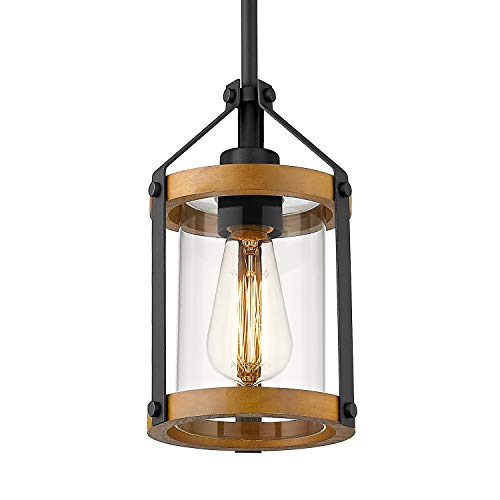 HANASS Farmhouse Wood Pendant Light, Black Glass Pendant Lighting for Kitchen Island in Walnut Wood, Length Adjustable, MD89418-QH