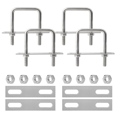 4 Piezas Pernos U M8, 50 x 80 mm Perno Cuadrado en U de Acero Inoxidable, Pernos Forma U M8, con 8 Tuercas y 4 Placas de Estructura, para Plomería, Instalación Solar Fija, Tracción de Automóviles