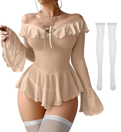 Image of Foxiny Sheer Ruffle Long Sleeve Babydoll Lingerie Dress | Off-shoulder neckline, flared cuffs and a flounce hem add movement; thong and thigh-high stockings complete the 3-piece set